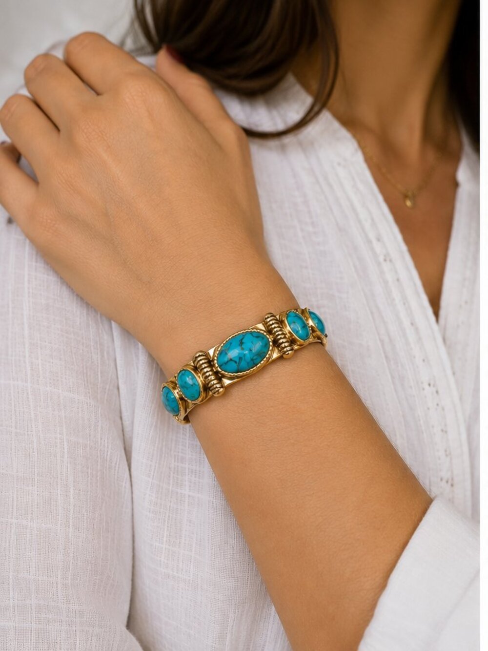 Studio Barse Turquoise 5 Stone Cuff Bracelet Signed Golden Bronze